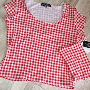 ROXY Red and White Gingham Scoop Neck Short Sleeve Top